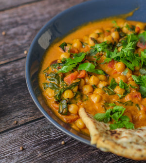 Coconut Braised Chickpeas with Spinach and Heirloom Tomatoes