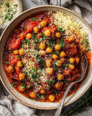 Creamy Heirloom Tomato Couscous with Chickpeas